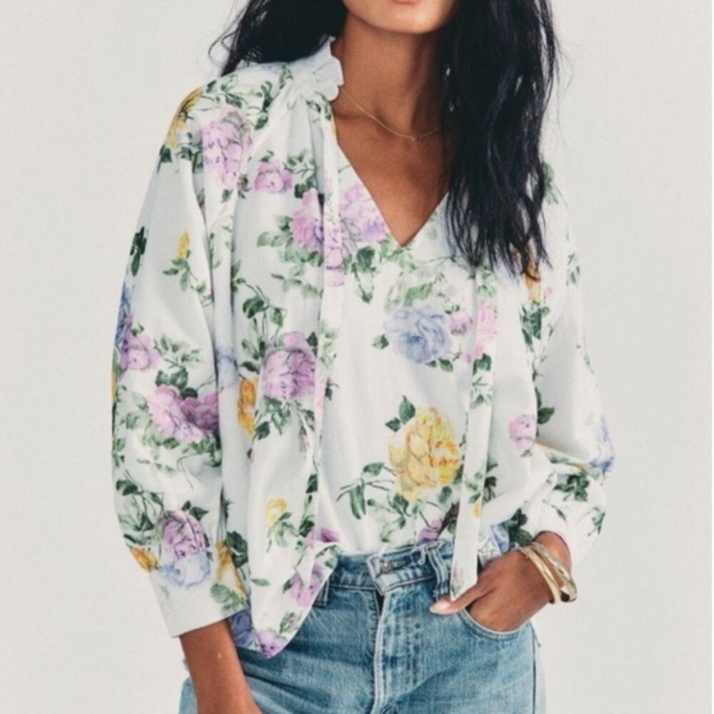 LoveShackFancy Floral Tie Neck Blouse White Cotton Long Sleeve XS
